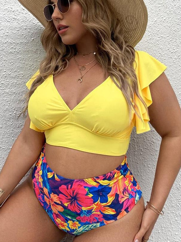 Plus Size Women-Falbala V-Neck Bikini Set Yellow