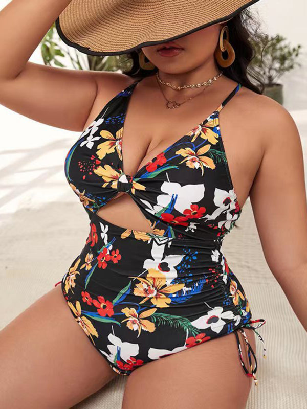 Plus Size Women-Printed Push-up Hollow One-Piece Swimsuit Pattern