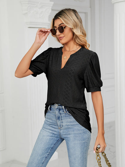 V-Neck Hollow Puff Sleeve Tank Top Rayon Women's Knit Blouse Black