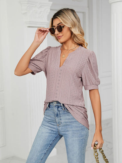 V-Neck Hollow Puff Sleeve Tank Top Rayon Women's Knit Blouse