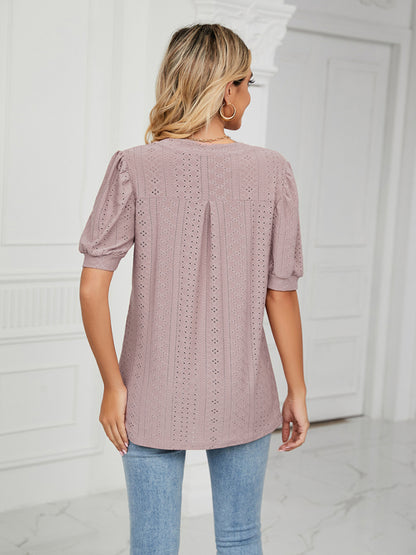 V-Neck Hollow Puff Sleeve Tank Top Rayon Women's Knit Blouse