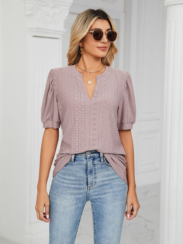 V-Neck Hollow Puff Sleeve Tank Top Rayon Women's Knit Blouse