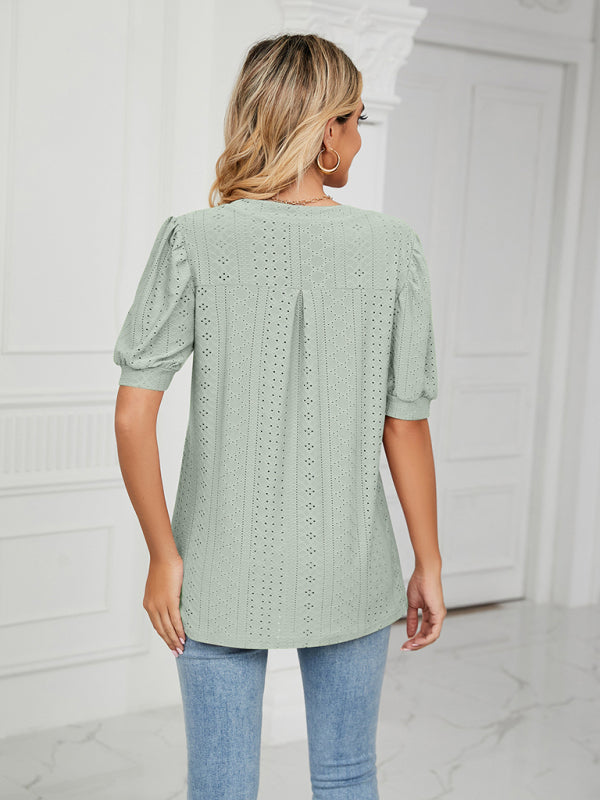 V-Neck Hollow Puff Sleeve Tank Top Rayon Women's Knit Blouse
