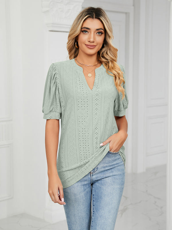 V-Neck Hollow Puff Sleeve Tank Top Rayon Women's Knit Blouse