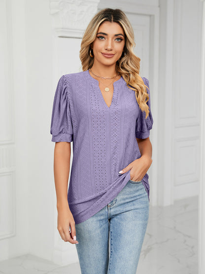 V-Neck Hollow Puff Sleeve Tank Top Rayon Women's Knit Blouse