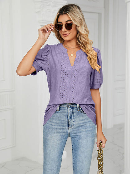 V-Neck Hollow Puff Sleeve Tank Top Rayon Women's Knit Blouse Purple