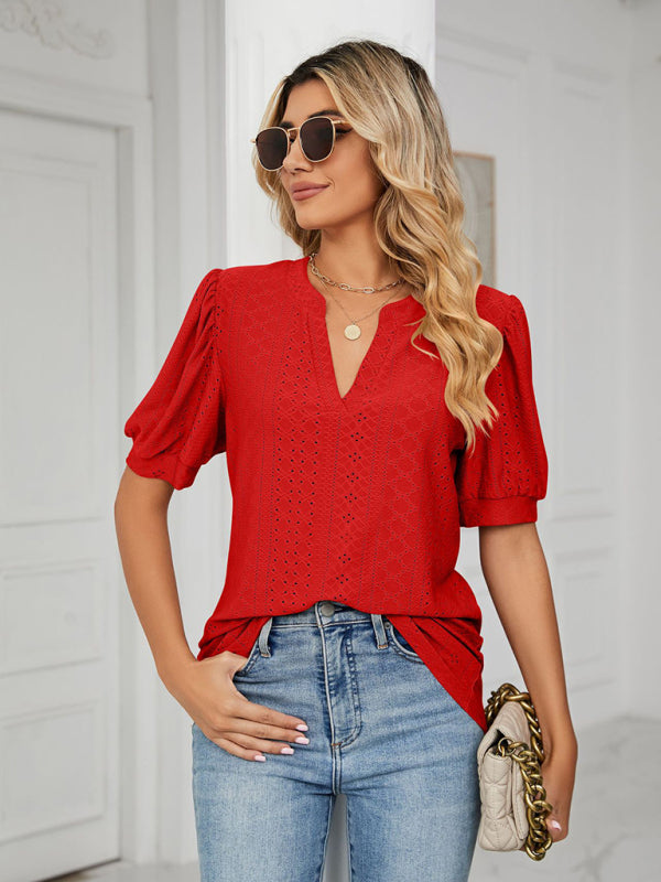 V-Neck Hollow Puff Sleeve Tank Top Rayon Women's Knit Blouse