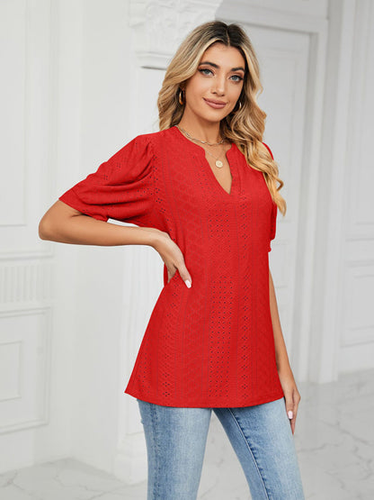 V-Neck Hollow Puff Sleeve Tank Top Rayon Women's Knit Blouse Red