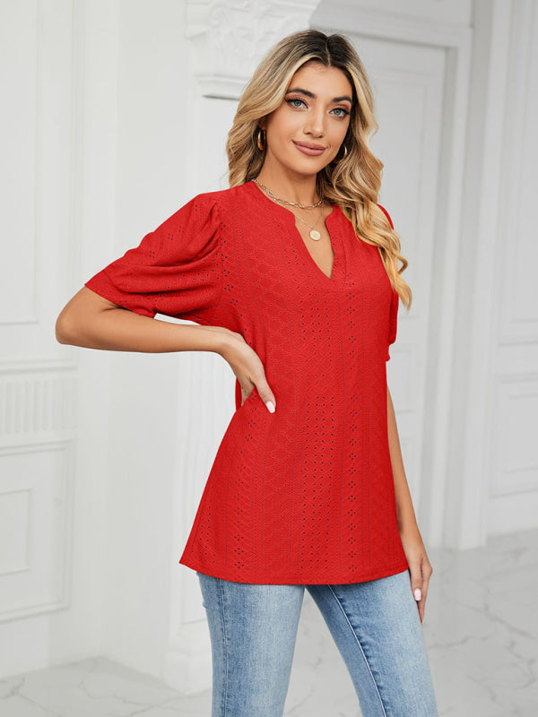 V-Neck Hollow Puff Sleeve Tank Top Rayon Women's Knit Blouse Red