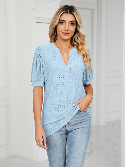V-Neck Hollow Puff Sleeve Tank Top Rayon Women's Knit Blouse Sky blue azure
