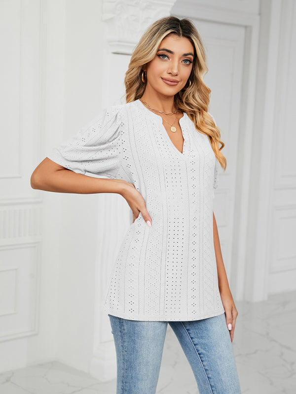 V-Neck Hollow Puff Sleeve Tank Top Rayon Women's Knit Blouse
