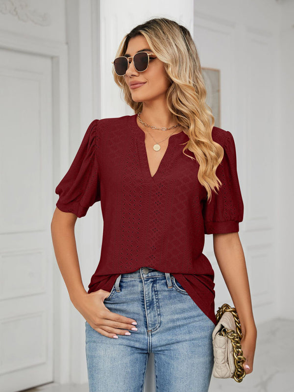 V-Neck Hollow Puff Sleeve Tank Top Rayon Women's Knit Blouse