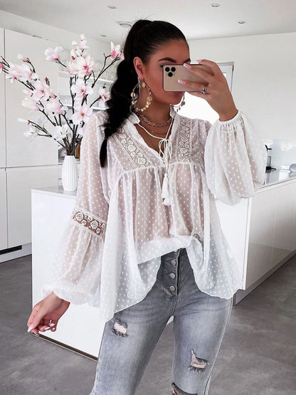 Women's Chiffon Stitching Lace Loose Balloon Sleeve Top Shirt White