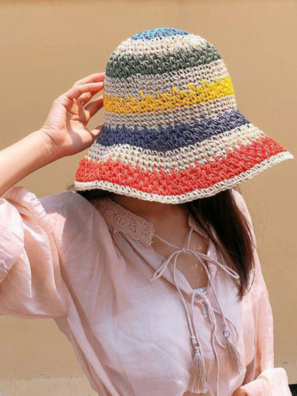 Braided straw hat rainbow fisherman hat big brim sun hat outdoor beach sun sun hat Cream FREESIZE