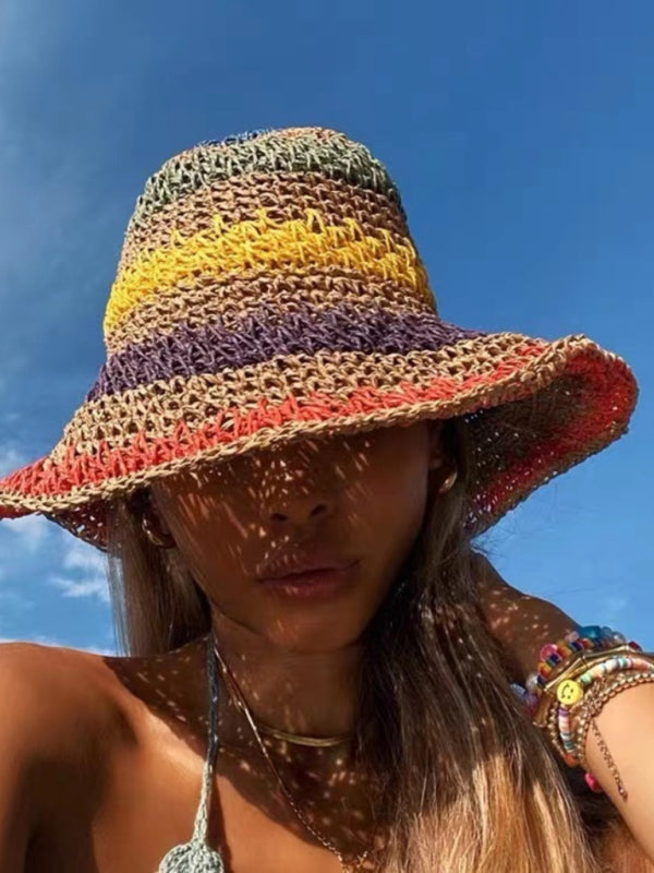 Braided straw hat rainbow fisherman hat big brim sun hat outdoor beach sun sun hat Khaki FREESIZE