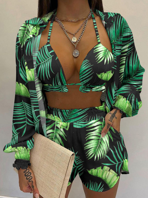 Sexy printed long-sleeved shirt and shorts three-piece suit Pattern5
