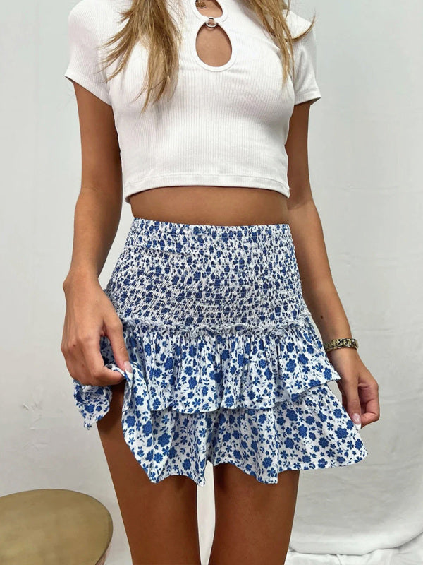 Women's Casual Fashion Versatile Printed Short Skirt Cute Blue