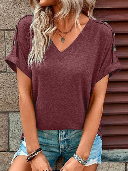 Button Front V-Neck Tank Top Sleeveless Women's Blouse Wine Red