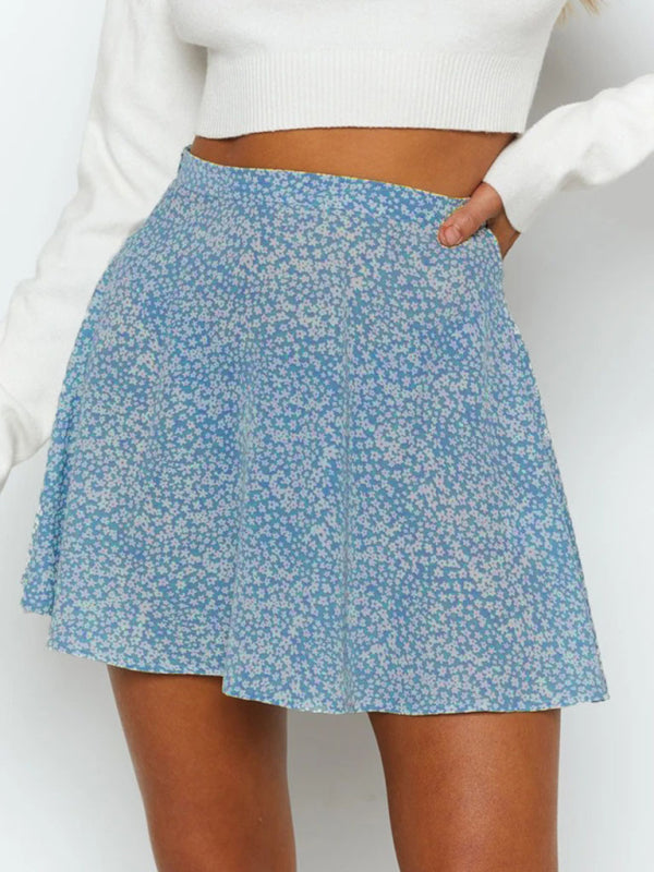 Floral High Waist Umbrella Skirt Women Chiffon Printed Mini Blue
