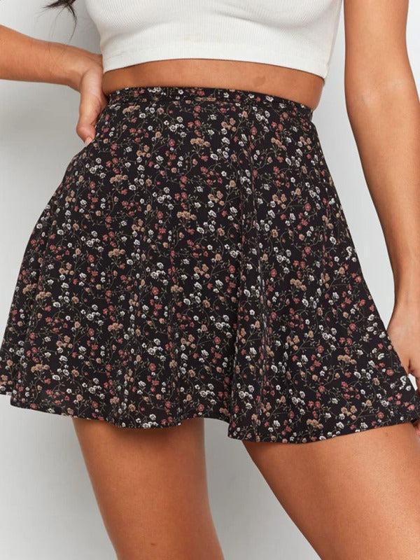 Floral High Waist Umbrella Skirt Women Chiffon Printed Mini Black