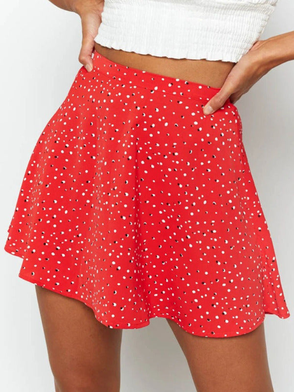 Floral High Waist Umbrella Skirt Women Chiffon Printed Mini Red