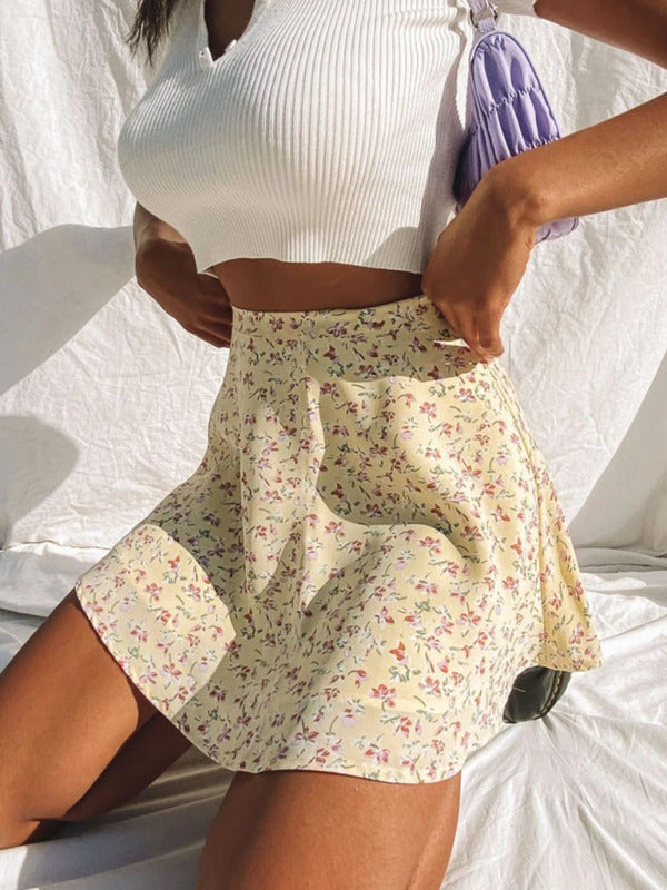 Floral High Waist Umbrella Skirt Women Chiffon Printed Mini