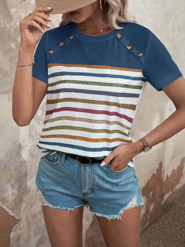 Women's Stripe Print Button Short Sleeve Casual Top Blue