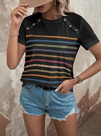Women's Stripe Print Button Short Sleeve Casual Top Black