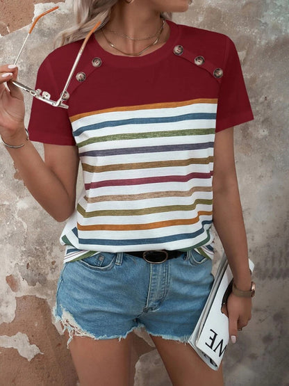 Women's Stripe Print Button Short Sleeve Casual Top Red