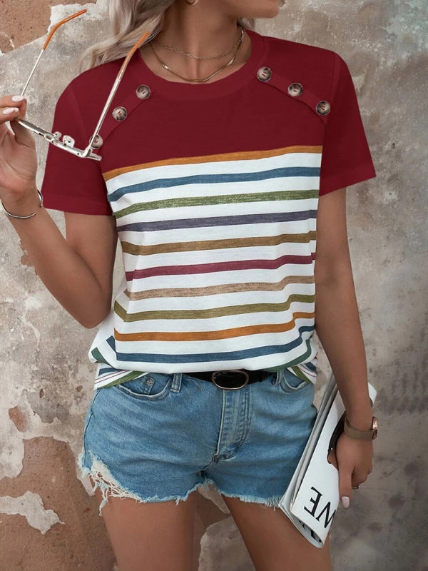 Women's Stripe Print Button Short Sleeve Casual Top Red