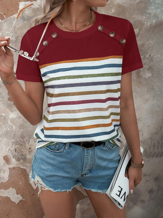 Women's Stripe Print Button Short Sleeve Casual Top Red