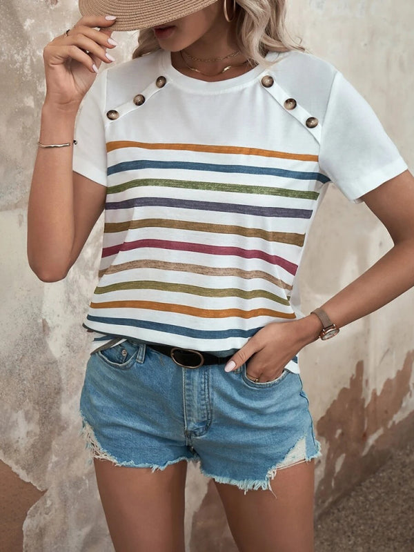 Women's Stripe Print Button Short Sleeve Casual Top White