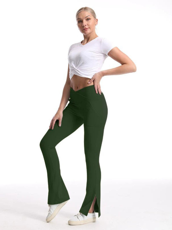 Women's High-Waist Wide Leg Pants - Slit Design & Tummy Control Olive green