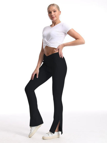 Women's High-Waist Wide Leg Pants - Slit Design & Tummy Control Black