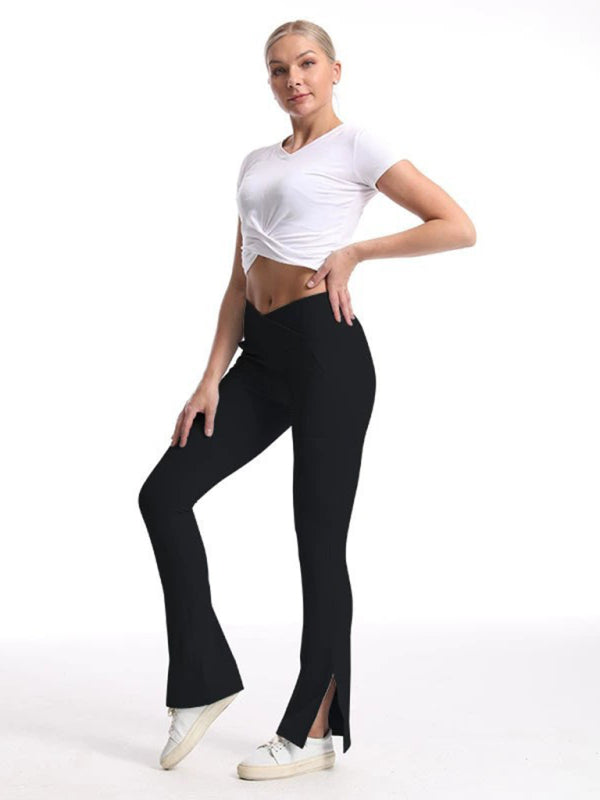 Women's High-Waist Wide Leg Pants - Slit Design & Tummy Control Black