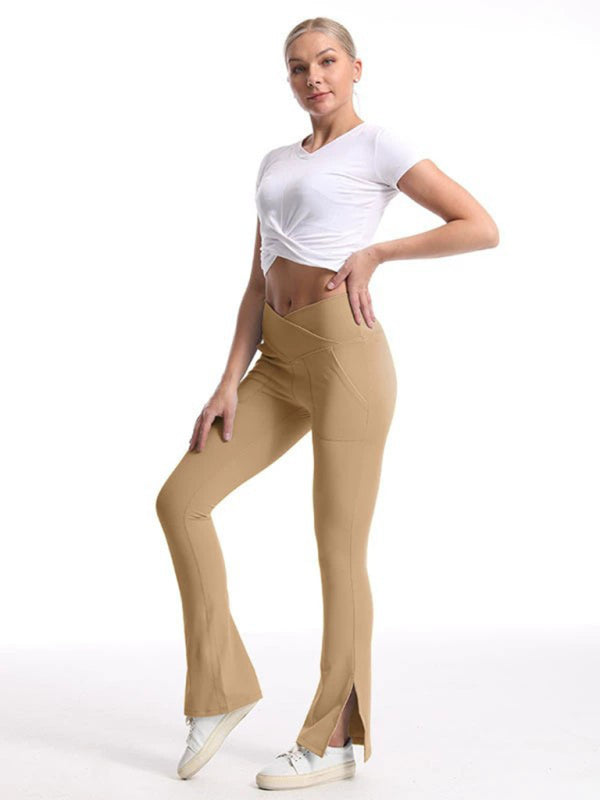 Women's High-Waist Wide Leg Pants - Slit Design & Tummy Control Khaki