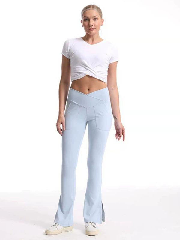 Women's High-Waist Wide Leg Pants - Slit Design & Tummy Control