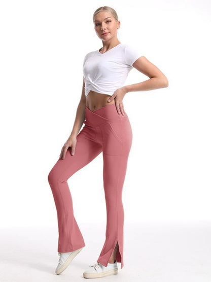 Women's High-Waist Wide Leg Pants - Slit Design & Tummy Control Pink