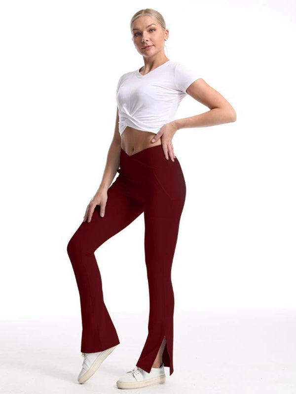 Women's High-Waist Wide Leg Pants - Slit Design & Tummy Control Wine Red