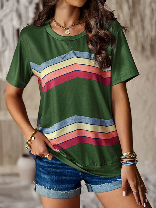 Modern round neck T-shirt rainbow strip top Olive green