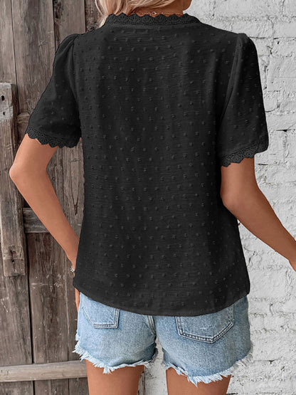 V-Neck Lace Panel Blouse - Elegant Short Sleeve Top for Women