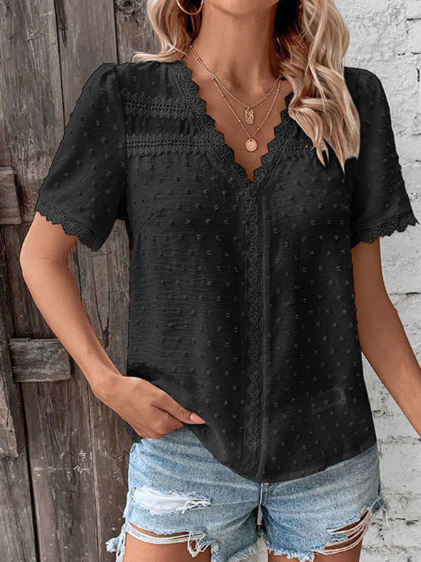 V-Neck Lace Panel Blouse - Elegant Short Sleeve Top for Women