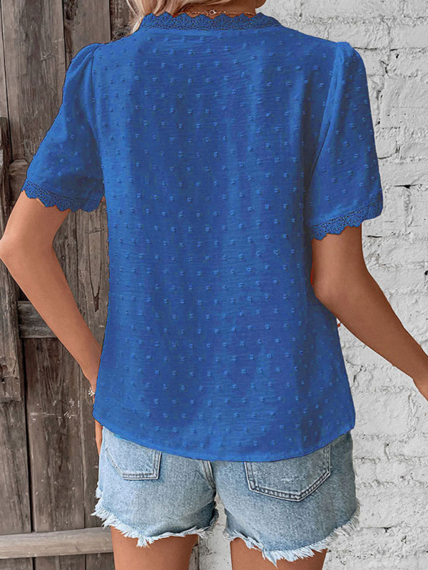 V-Neck Lace Panel Blouse - Elegant Short Sleeve Top for Women