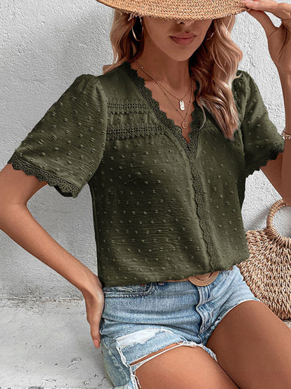V-Neck Lace Panel Blouse - Elegant Short Sleeve Top for Women Green