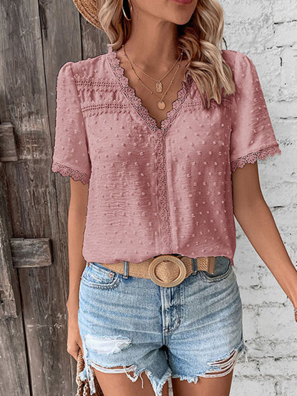 V-Neck Lace Panel Blouse - Elegant Short Sleeve Top for Women