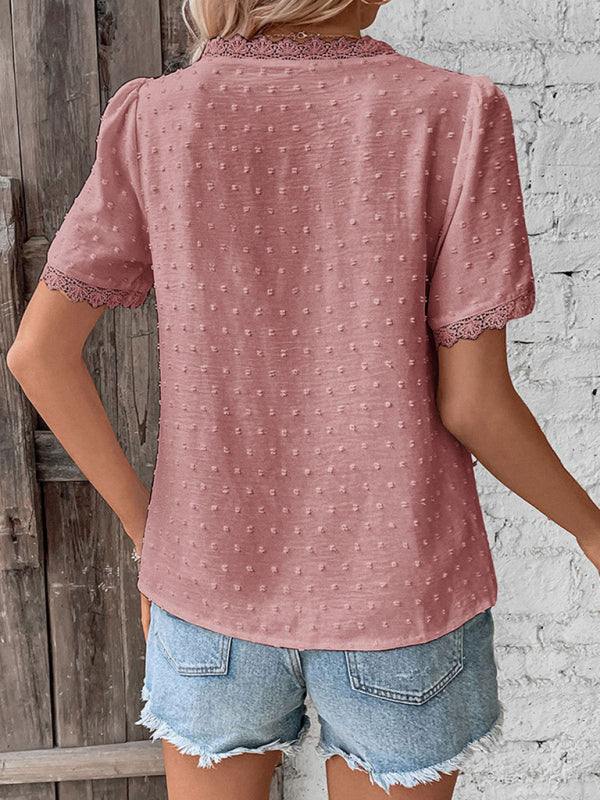V-Neck Lace Panel Blouse - Elegant Short Sleeve Top for Women