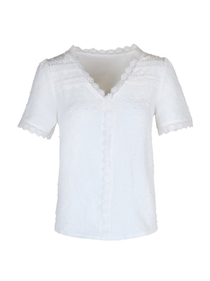 V-Neck Lace Panel Blouse - Elegant Short Sleeve Top for Women