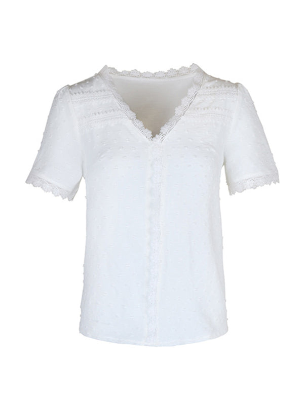 V-Neck Lace Panel Blouse - Elegant Short Sleeve Top for Women