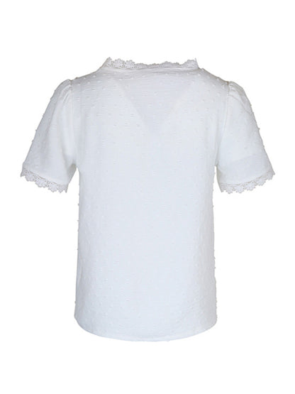 V-Neck Lace Panel Blouse - Elegant Short Sleeve Top for Women