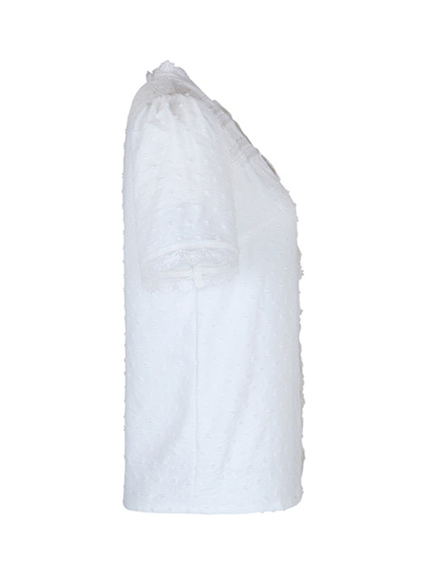 V-Neck Lace Panel Blouse - Elegant Short Sleeve Top for Women